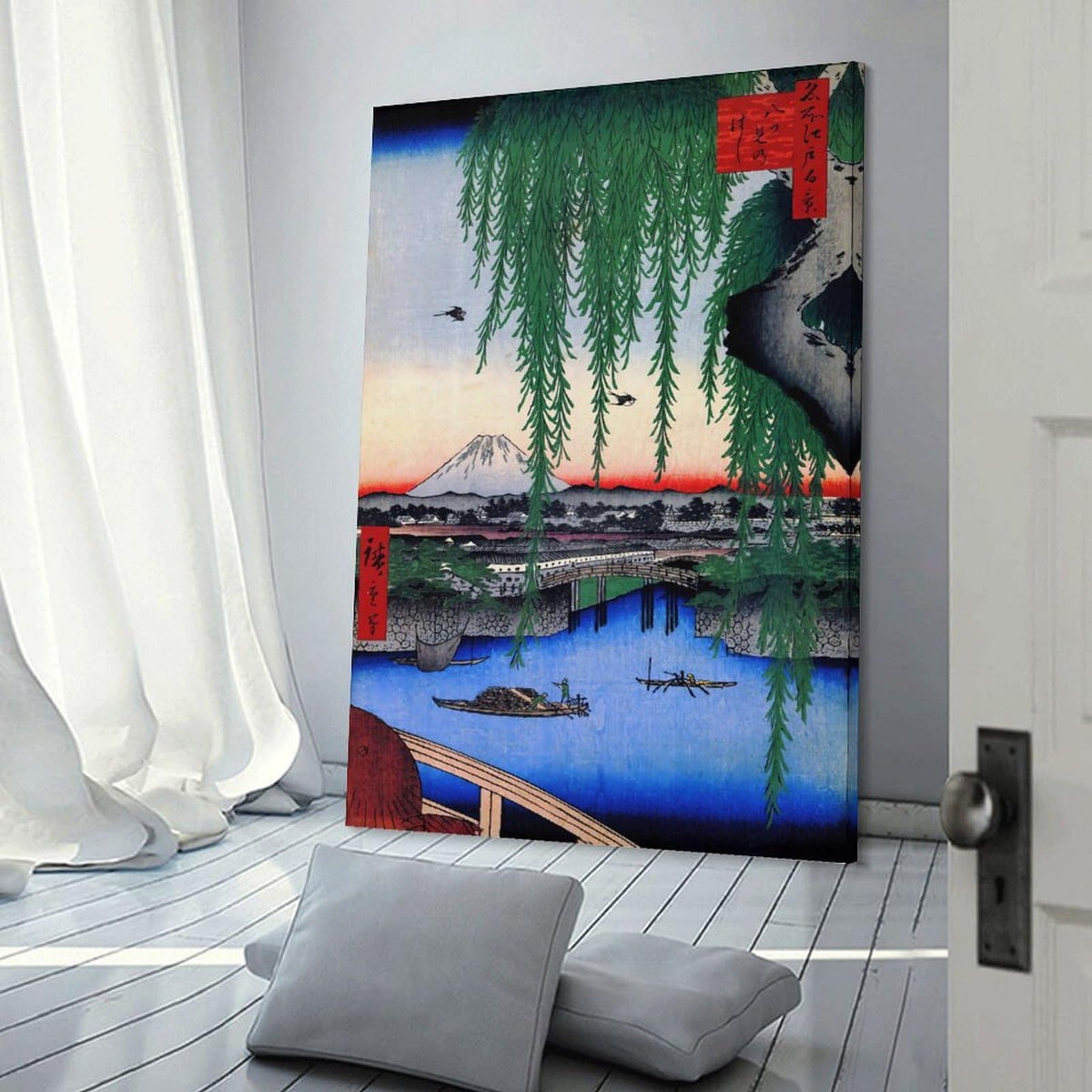 Yatsumi Bridge Ando Hiroshige Japanese Ukiyoe Canvas Printing Wall Art Prints Wall Decor Vintage River Willow Mount Fuji Landscape Posters Japandi for Living Room Bedroom Office 16x24inch (style-2 / 16x24inch(40x60cm) Frame)