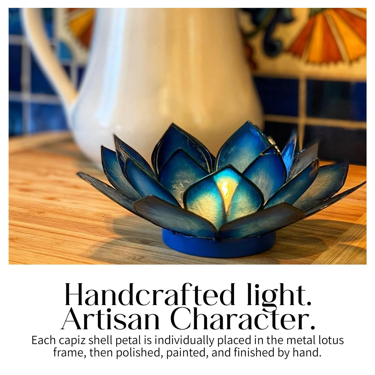 Capiz Shell Lotus Flower Decor Tealight Candle Holder for Serene Ambiance (Blue Lagoon / Regular)