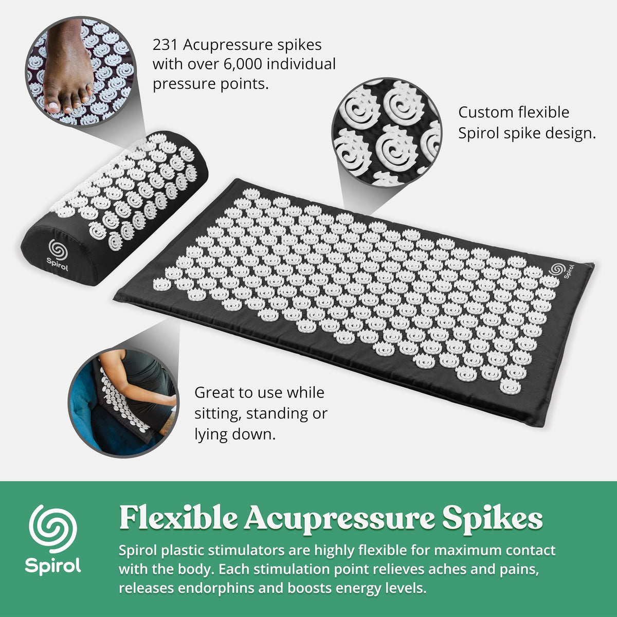 Spirol Acupressure Mat and Pillow Set for Back (Onyx)