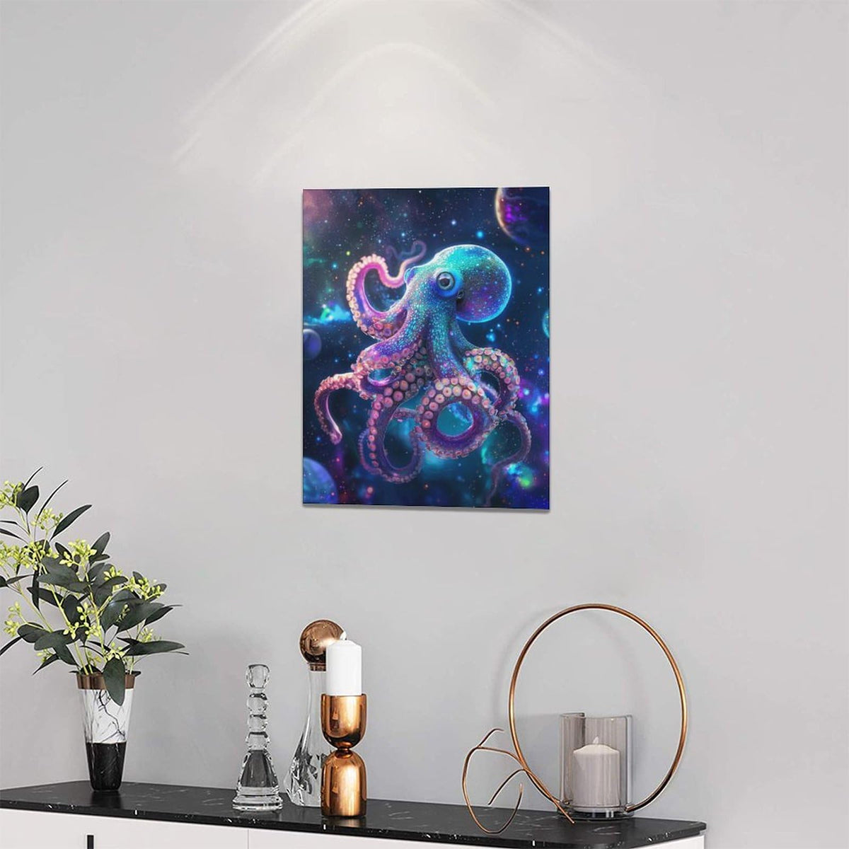 Octopus Galaxy Canvas Wall Art Octopus In Space Pictures Wall Decor Cool Poster Prints Painting Framed Artwork Modern Decoration for Bedroom Living Room Dining Room 12"x16" (16"L x 12"W / Octopus in Space)