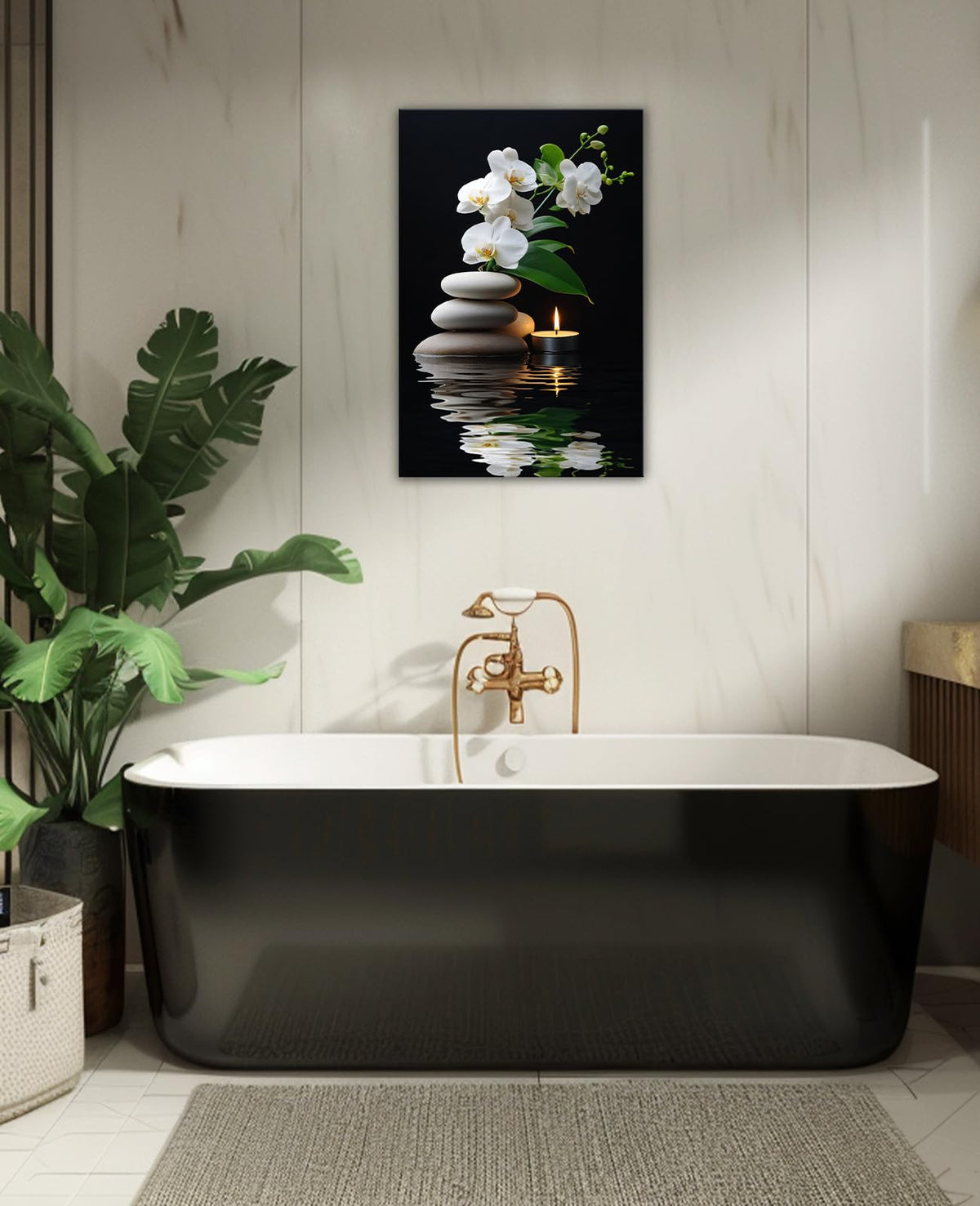 Zen Canvas Wall Art White Orchid Floral Spa Stones Candle in Water Picture Prints Zen Still Life Painting for Yoga Spa Meditation Spiritual Room Bathroom Wall Decor (Artwork-1 / 18"L x 12"W)