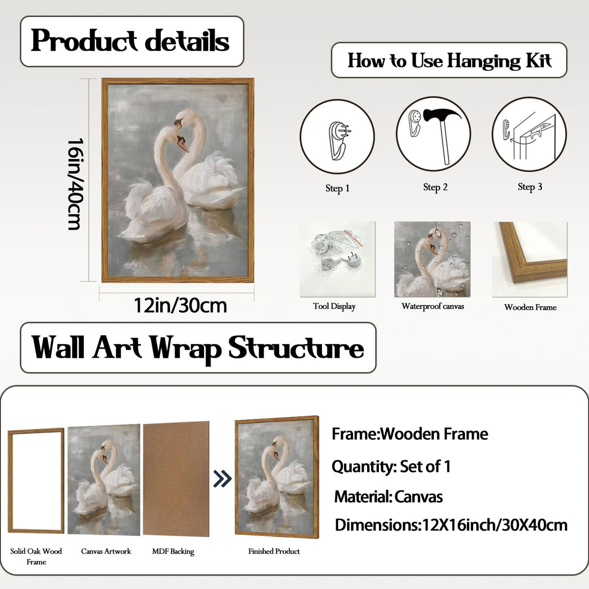 Framed Vintage Swan Canvas Wall Art (Swan / 16"L x 12"W)