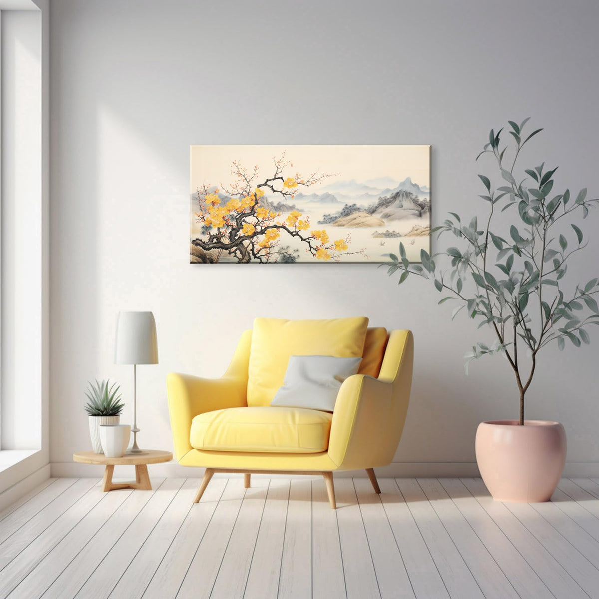 Asian Wall Art Traditional Chinese Painting Oriental Yellow Plum Blossom Canvas Pictures for Wall Decor Home decor for Living Room Cherry Blossom Decor Landscape Artwork Framed Ready to Hang (Yellow Blossom-One Piece / 16"L x 8"W)