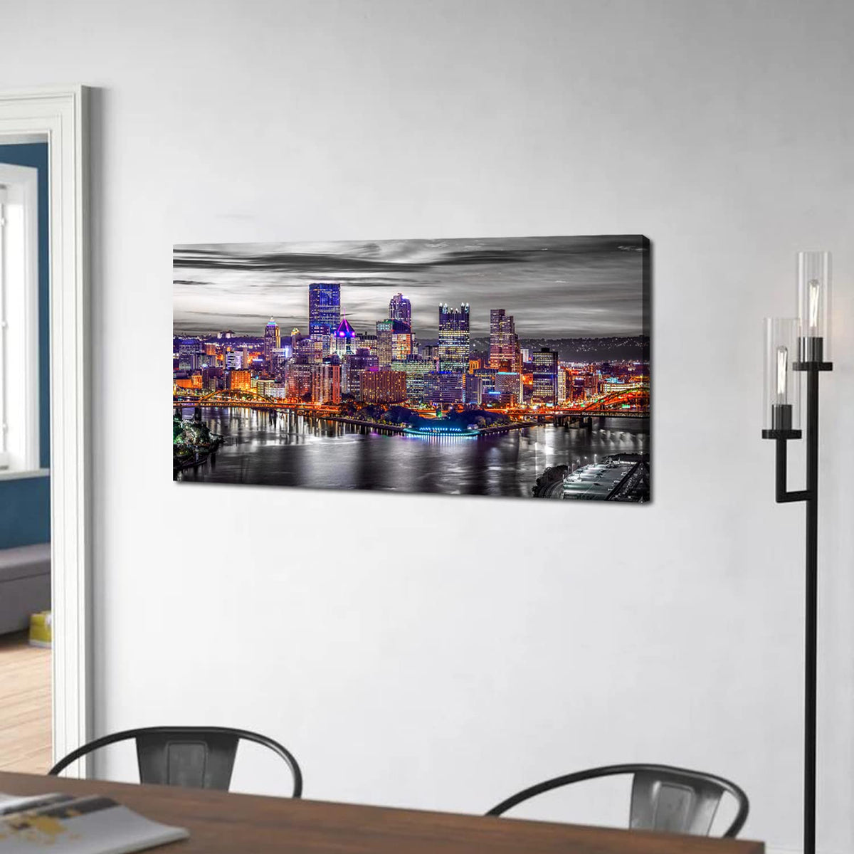 Pittsburgh Wall Art Living Room Decorations Black and White City Skyline Picture Modern Office Wall Decor Pennsylvania Nightscape Panoramic Canvas Prints Cityscape Painting Skyscraper Artwork 20x40" (40"L x 20"W / Pittsburgh)