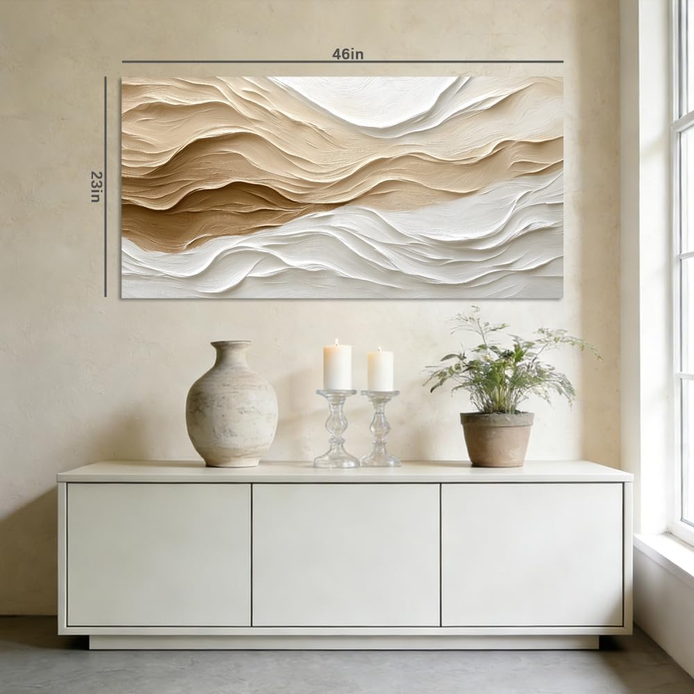 Neutral Beige White Wave Canvas Wall Art Modern Abstract Painting Flat Print Gallery Wrapped Minimalist Boho Artwork for Living Room Bedroom Bathroom Decor (Bohemian / Beige Flowing Lines 13 / 58"L x 28"W)