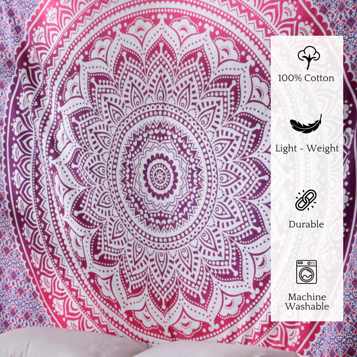 Hippie Pink Tapestry Mandala Bohemian Art Wall Decor Boho Trippy Beach Tapestries Indian Living Room Decoration (Pink / 84"L x 54"W)