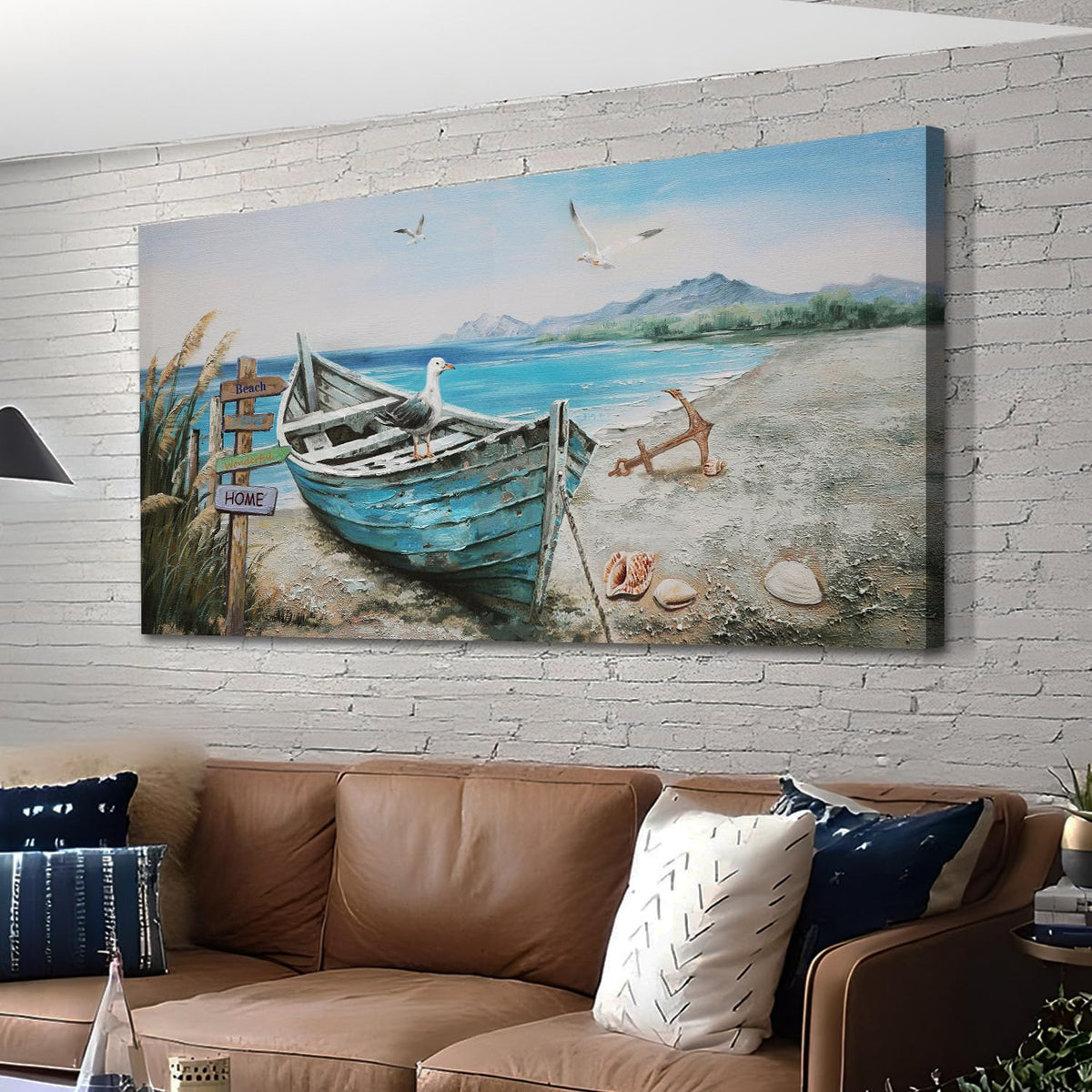 Nautical Wall Art Decor Coastal Artwork for Living Room 48"x24" (blue coastal boat / 48"L x 24"W)
