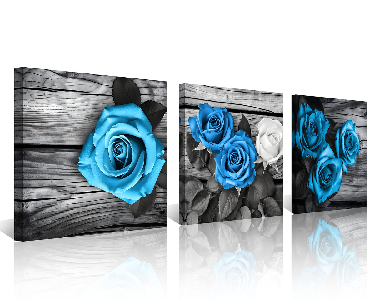Blue Wall Decor for Living Room Blue Bathroom Accessories Black and White Canvas Wall Art Blue Rose Pictures Bedroom Decor Modern Painting Kitchen Home Decorations 16x16 3 Pcs (16 x 16 inches (3-Piece Set) / Blue Rose)