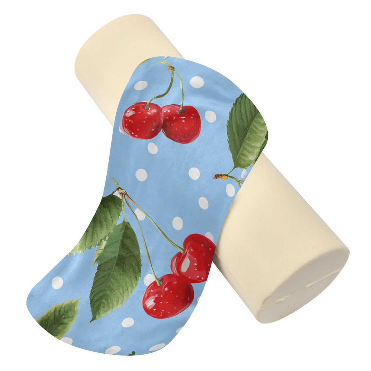 Light Blue Dots Red Cherry Neck Roll Pillow Bolster Round Health Memory Foam Long Cervical Cylinder Pillows with Removable Washable Cover for Body Bed Legs Back Yoga (Light Blue Dots Red Cherry)