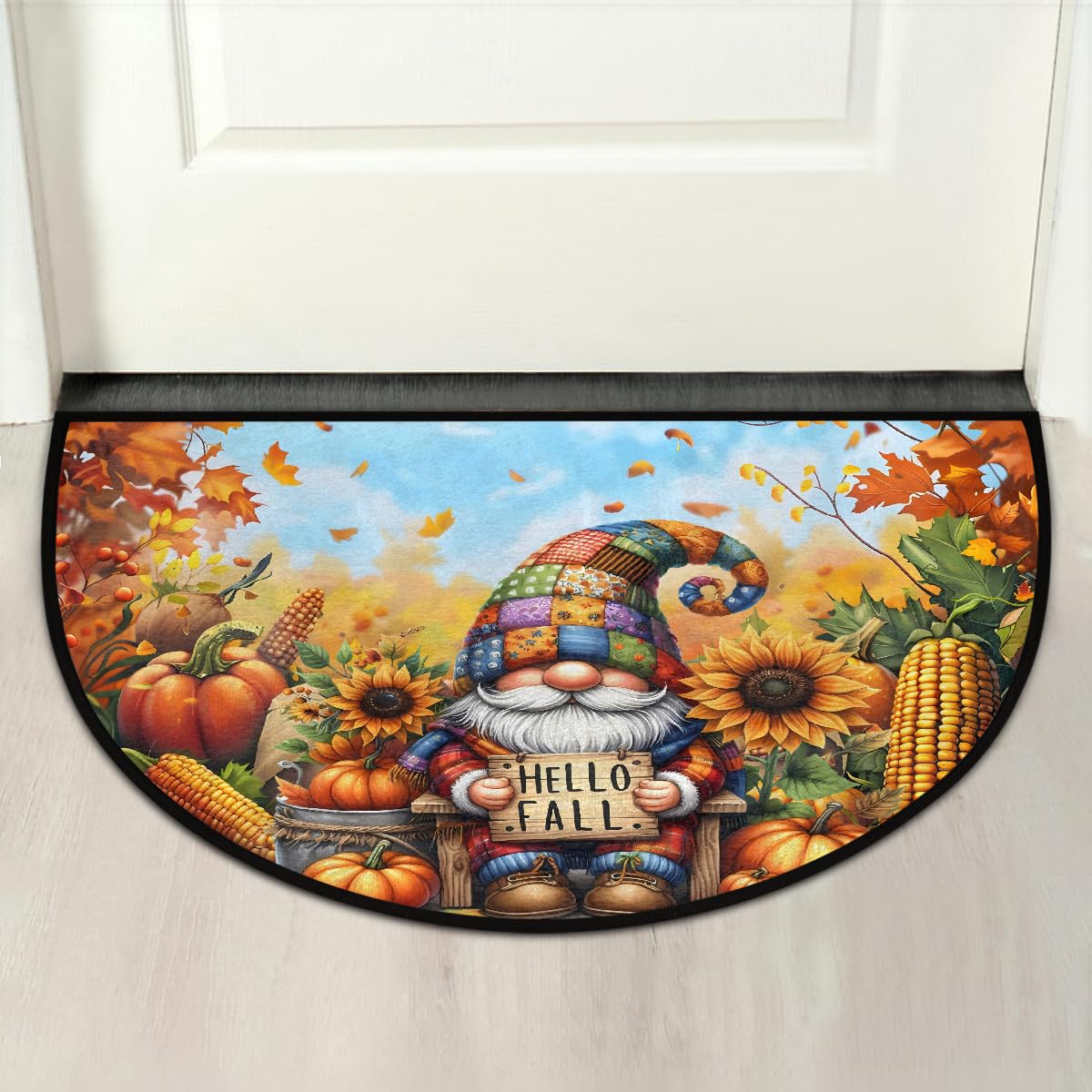 Gnome Autumn Half Round Door Mat Non Slip Washable Semi Circle Area Rug Absorbent Soft Half Moon Rug Floor Mat for Indoor Outdoor Kitchen Bathroom Patio Front Door Mat Decor (B72)