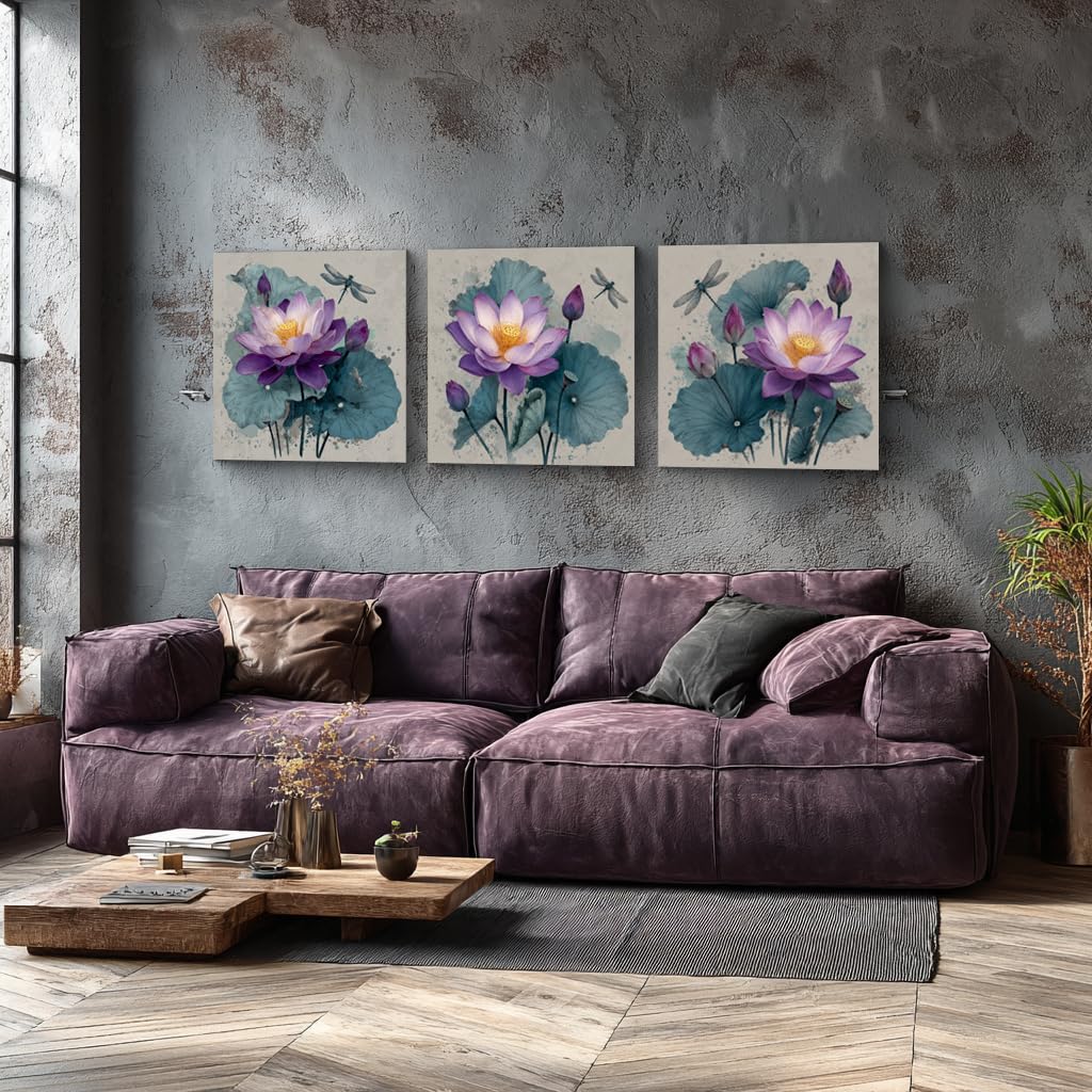 3 Pcs Purple Lotus Canvas Wall Art Chinese Style Floral Prints Waterproof Wrapped Canvas Pictures Dragonfly Botanical Artwork for Living Room Bedroom Bathroom Office Wall Decor Ready to Hang (Purple Lotus and Dragonfly / 20x20inchx3)