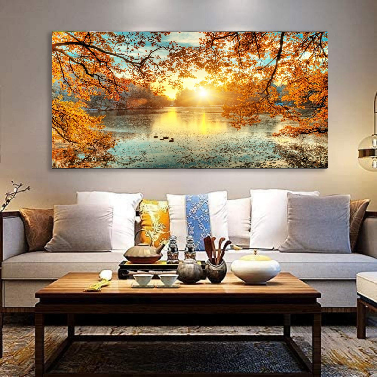 Landscape Tree Canvas Wall Art Fall Forest Sunset Wall Decor Poster Lake Water Pictures for bedroom wall décor Natural Scenery Paintings Artwork Large Living Room Decor Home Office Decoration (Bblanndscape / 60"L x 30"W)