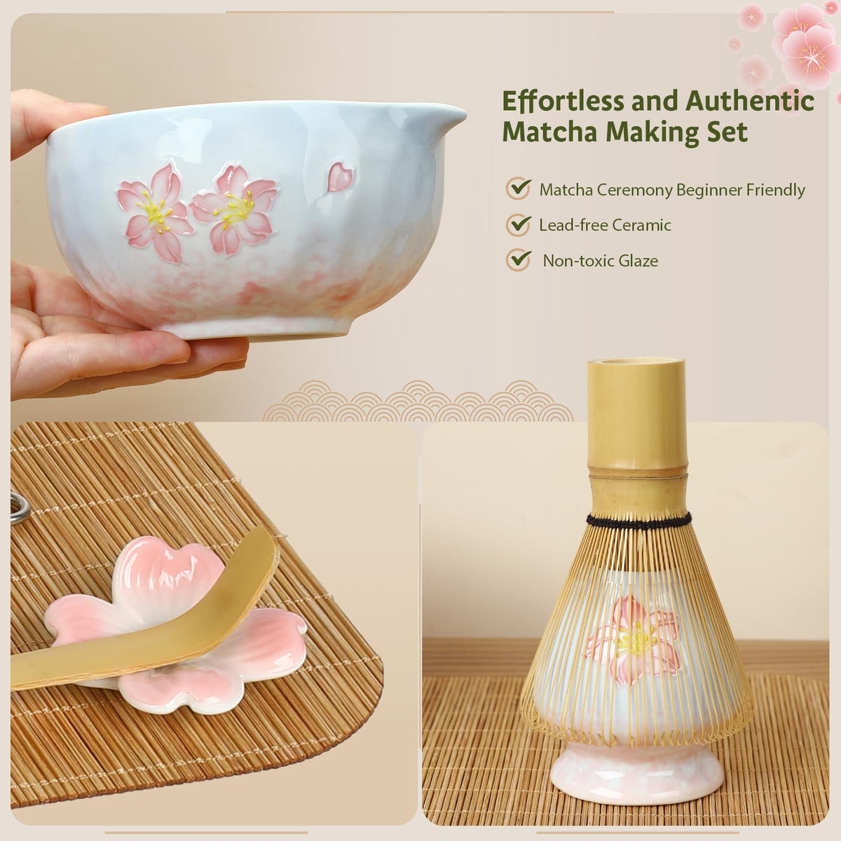 8 Piece Sakura Matcha Set with Pink & Blue Ceramic Bowl and Bamboo Whisk (blue & Pink)