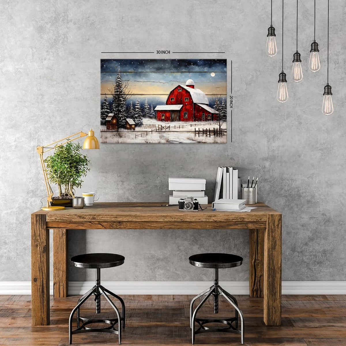 Red Barn Wall Art Snowy Winter Landscape Wall Art Christmas Home Decoration Rustic Farmhouse Prints Artwork Xmas Trees Painting Vintage Poster Artwork for Living Room Kitchen Ready To Hang 20x30” (30"L x 20"W / Christmas Barn)