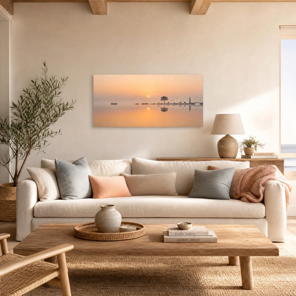 Sunset Beach Canvas Wall Art Silhouette Ocean Landscape Painting Flat Print Gallery Wrapped Coastal Artwork for Living Room Bedroom Bathroom Decor (Mysterious / White Lighthouse Tree 17 / 40"L x 20"W)