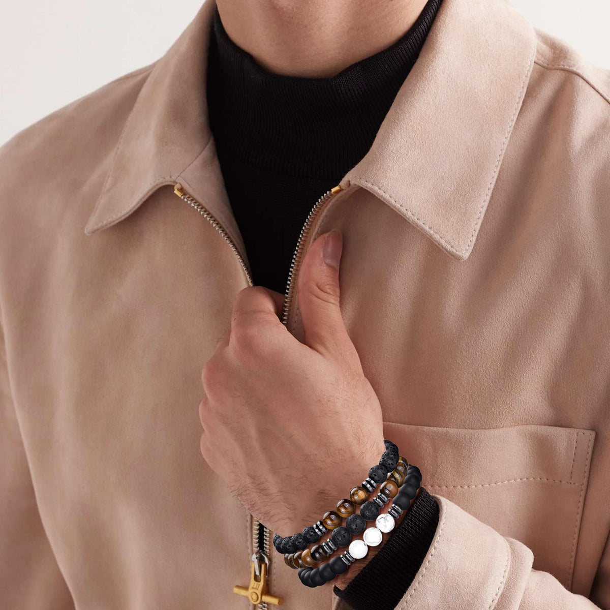 Mens Bracelets 8MM Natural Stone Beads Bracelet Set Stretch Adjustable Beaded Bracelets for Men (4,black,white,brown)