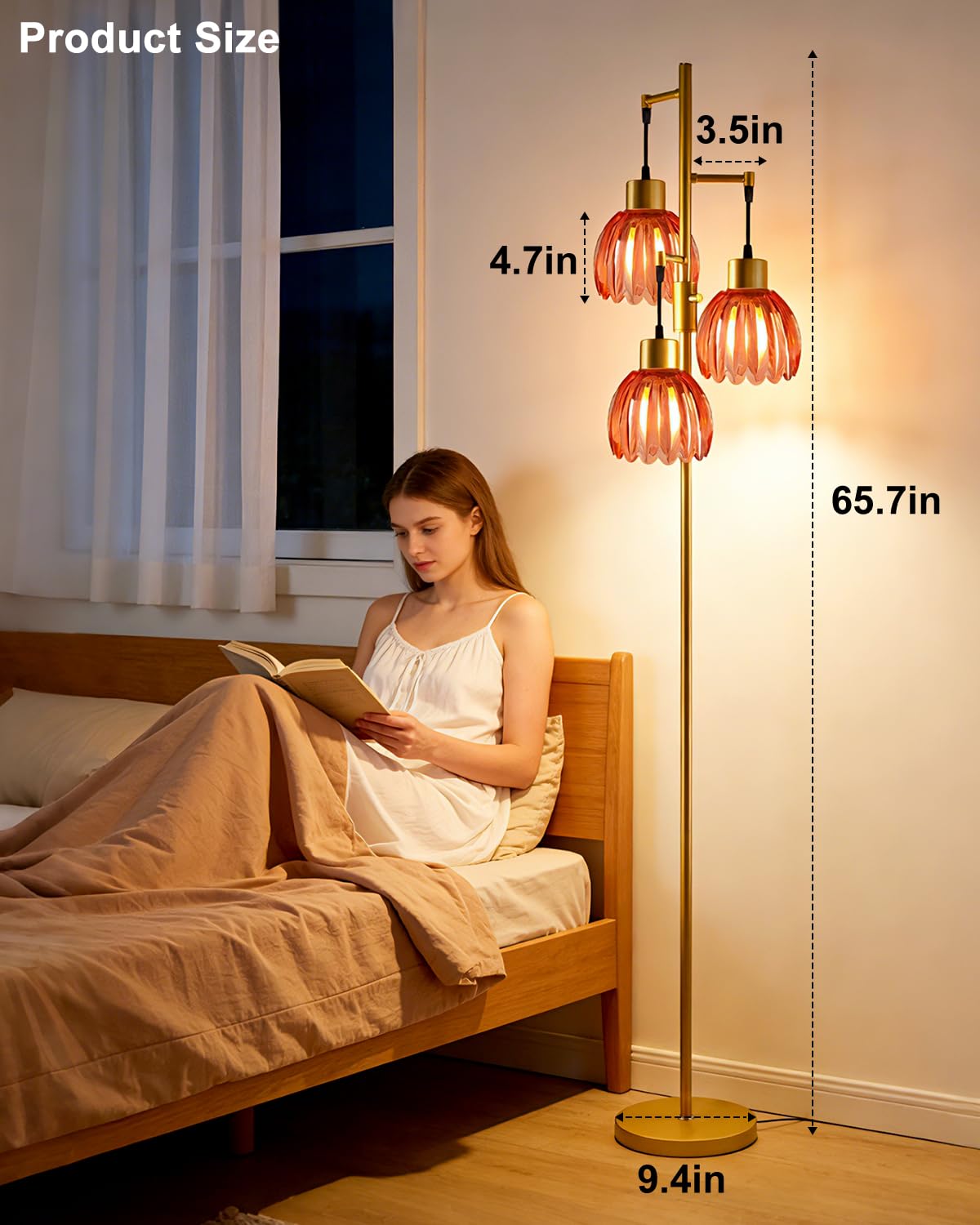 Glass Floor Lamp Red Lotus Flower Shade Dimmable Gold Floor Lamp (3 Deep Red Lotus-Gold)