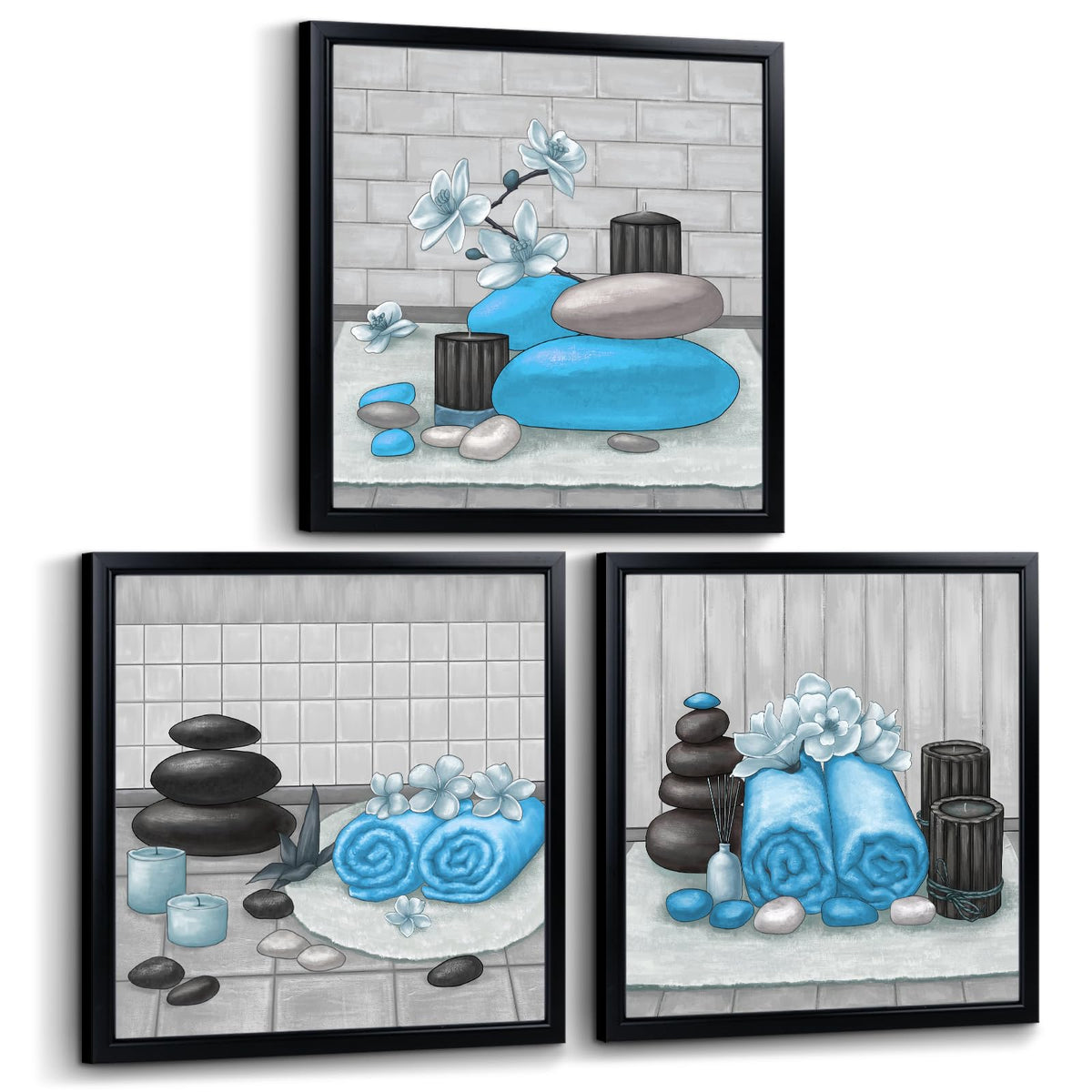 Zen Wall Art Decor Blue Bathroom Pictures Painting with Black Frames 12"x12" for Each (Light Blue)