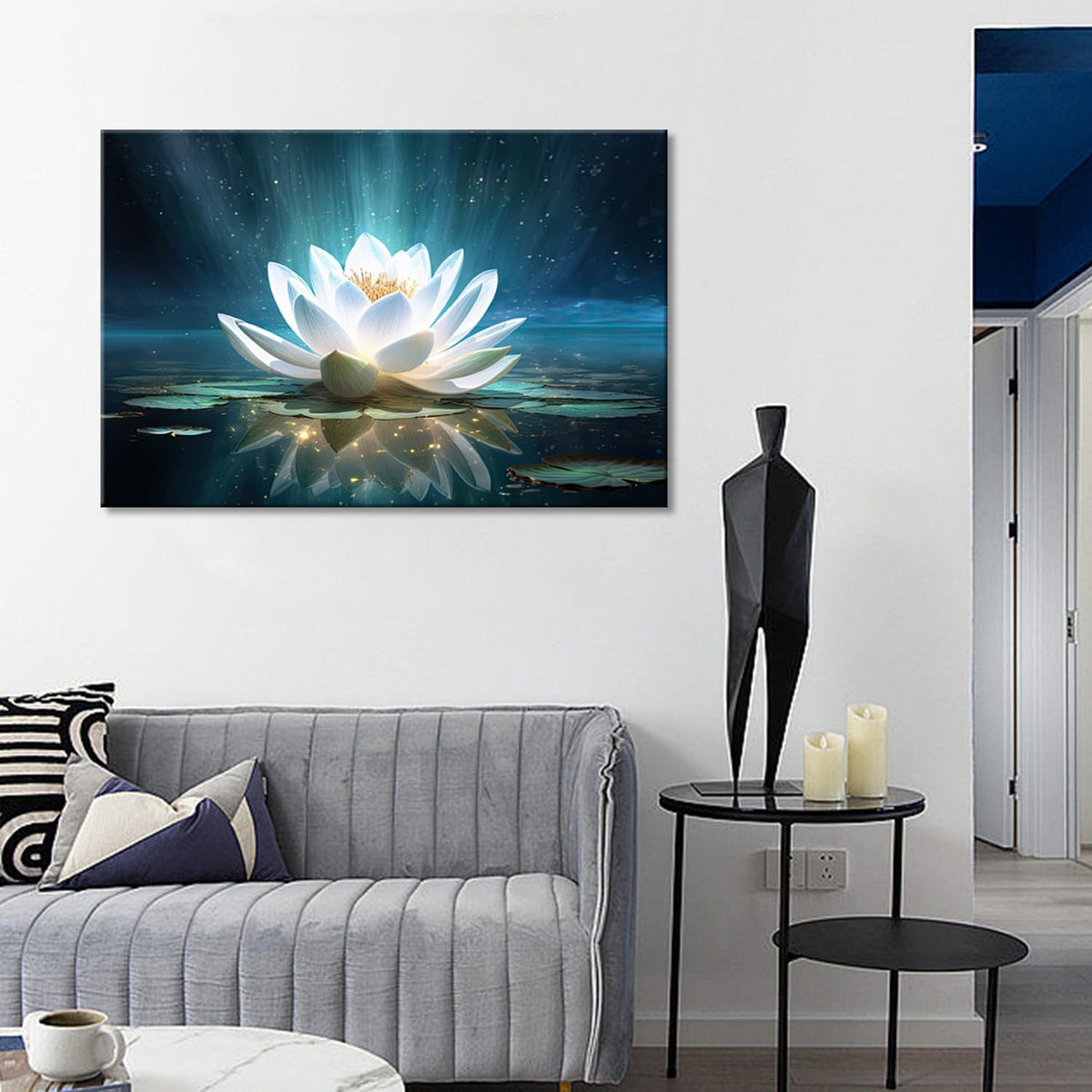 Zen Wall Art White Water Lily Canvas Wall Art Lotus Flower Bloom in Water Print Picture Artwork for Bathroom Yoga Spiritual Living Room Decor (Lotus 09 / 36"L x 24"W)