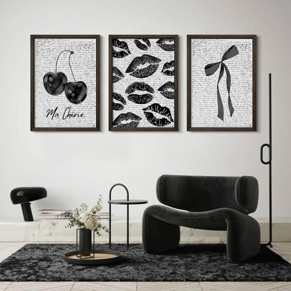 Black White Aesthetic Wall Art Coquette Bow Fashion Canvas Wall Decor Preppy Cherry Posters Vintage Girl Room Decor Bow Pictures Trendy Lips Kiss Prints for Girly Bedroom 16x24 Inch Framed 3Pcs (Black Lips Prints / 16x24 Inch Framed)
