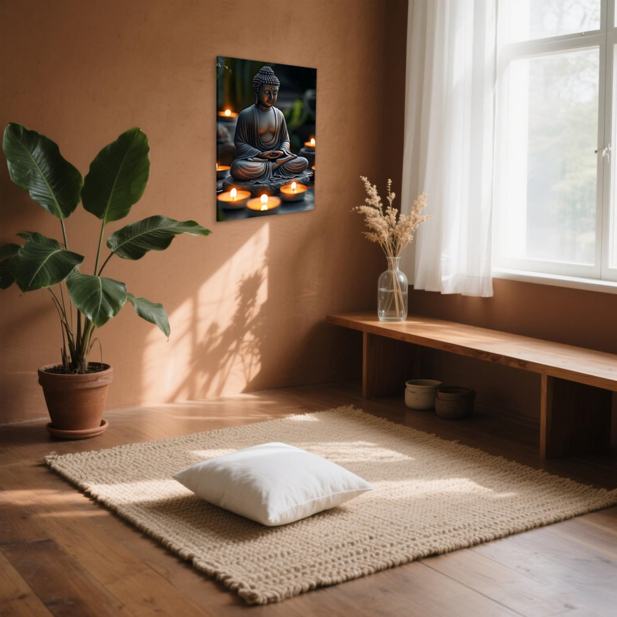 Zen Buddha Canvas Wall Art with Candlelight Print Framed Artwork Poster for Yoga Meditation Room Decor (WE000051-2 / 24"L x 16"W)