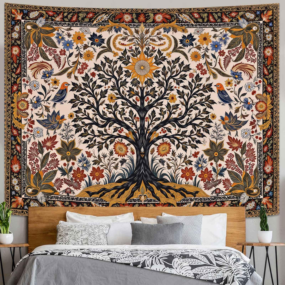 Folk Art Wall Tapestry (80"L x 60"W / Black Ivory)