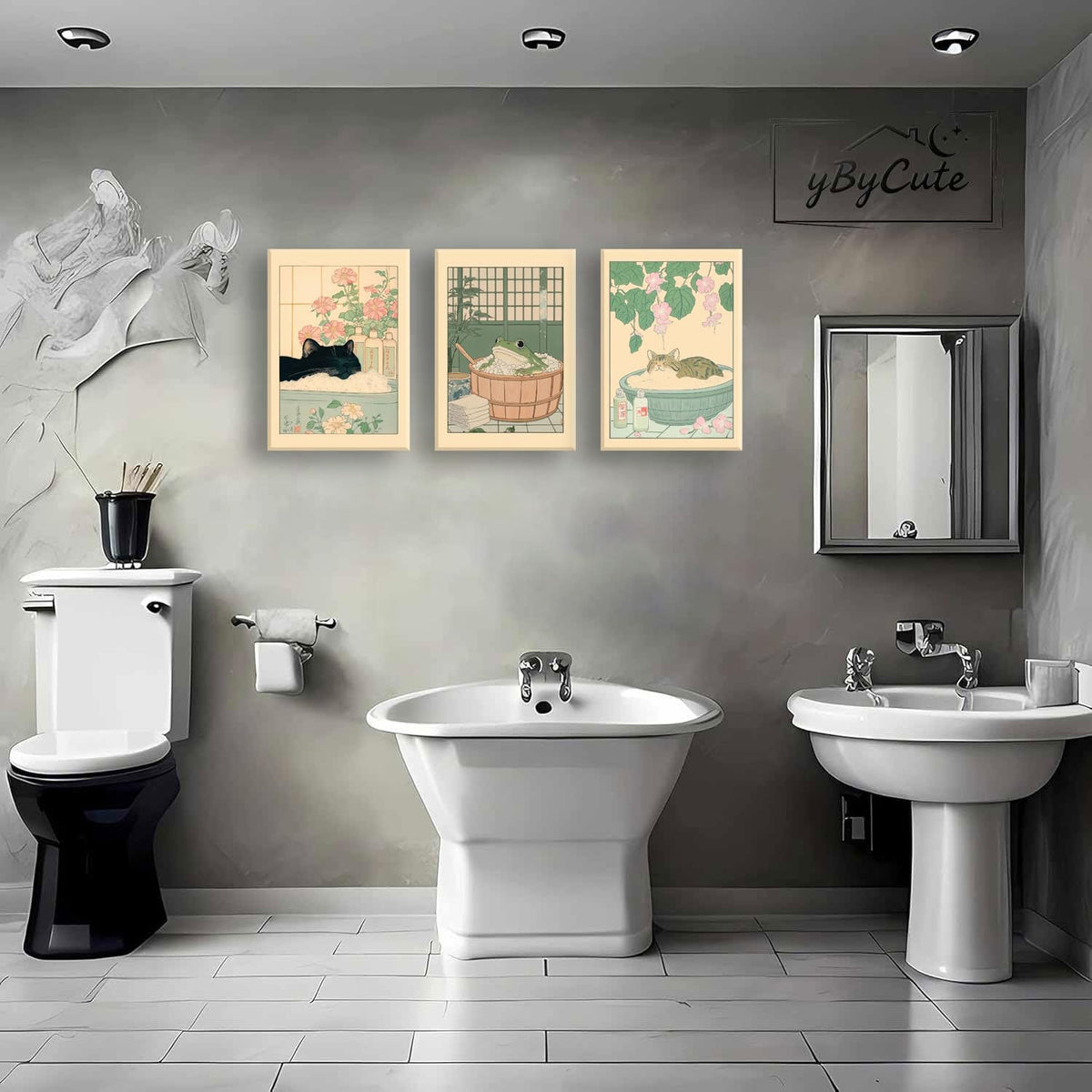 3 Pieces Japanese Cat Bathroom Posters Wall Art (Cat Bathroom Poster A / 8"X10")