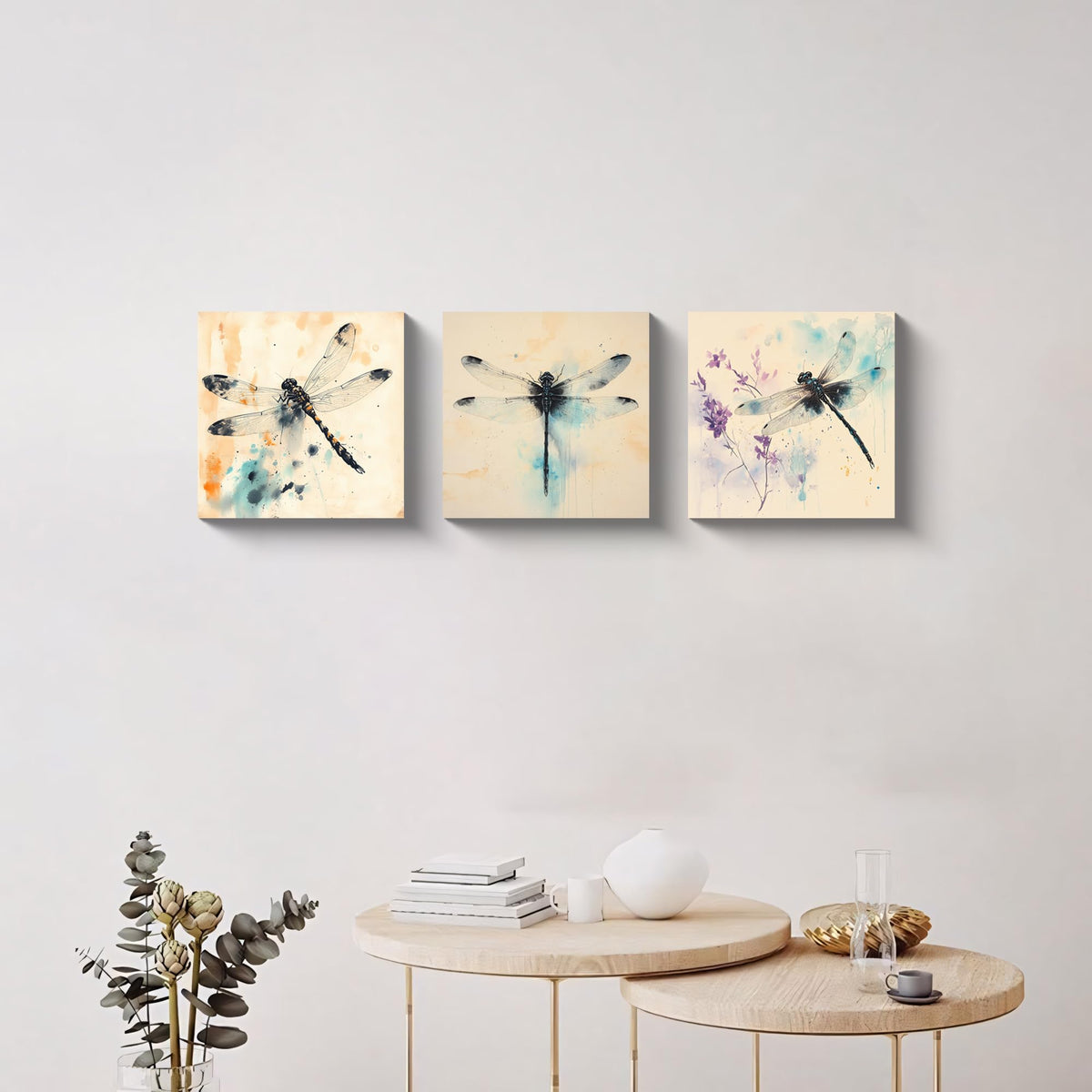 3Pcs Dragonfly Watercolor Wall Art Modern Nature Insect Floral Canvas Print Minimalist Teal Orange Black Ink Blue and Purple Splash Artwork Elegant Home Decor Living Room Bedroom Office (Watercolor Dragonfly / 12x12 inches (3 pieces))