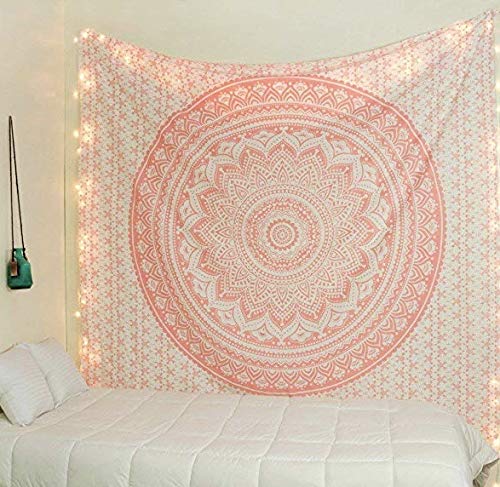 Tapestry Wall Hanging Hippie Ombre Mandala Bohemian Hippy Intricate Indian Tapestries Bedspread 84 x 90 Inches (90.6"L x 84.7"W / Coral / Peach)