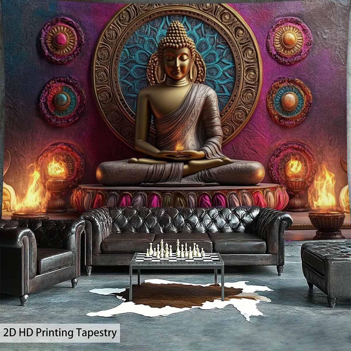 Vintage Meditation Tapestry Gloden Buddha Zen Happiness Wall Hanging Large Tapestries Psychedelic Buddhist Poster Decorations Bedroom Living Room Dorm (Red / 59"L x 39"W)