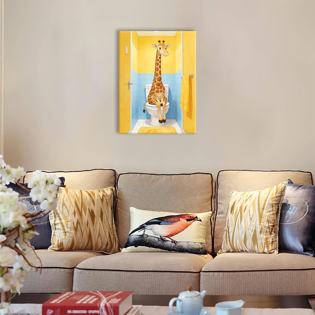 Bathroom Giraffe Canvas Wall Art Funny Toilet Print Framed ArtWork 16"x24" (Funny Giraffe / 24"L x 16"W)