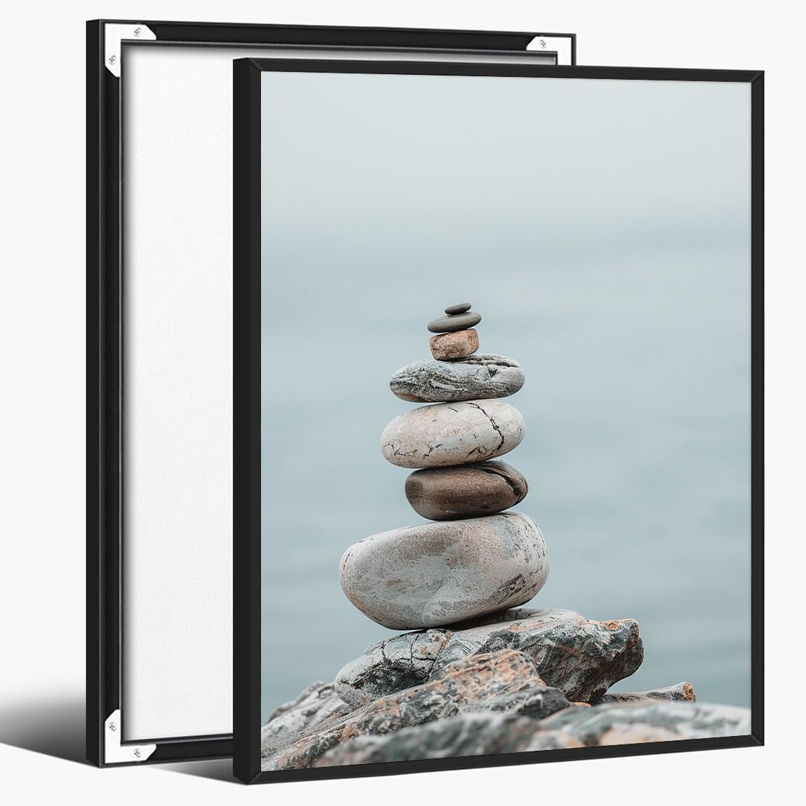 Minimal Zen Rock Stack Wall Art (Black Aluminum Frame-6 / 20"L x 30"W)
