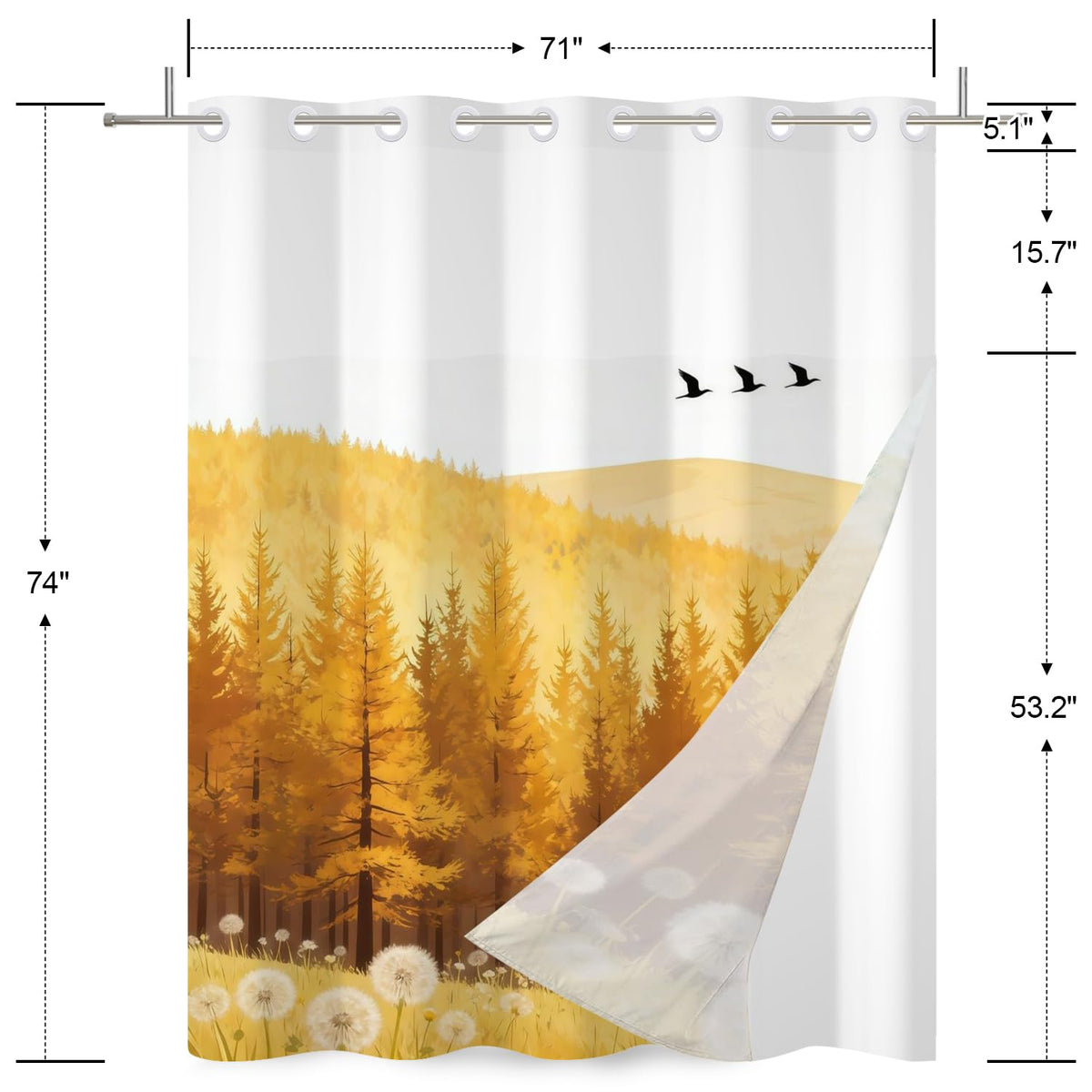 Fall Forest No Hook Shower Curtain and Liner Set Yellow Pine Trees Shower Curtains with Dandelion Field Minimalist Nature Scenery Bathroom Decor Waterproof 71x74 Inch (Dark Orange)