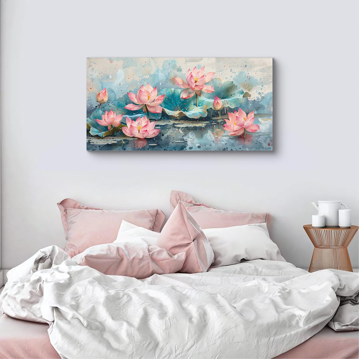 1Pcs Vintage Pink Lotus Flowers Watercolor Canvas Wall Art Print Serene Pond Scenery Blooming Lotuses Teal Leaves Color Splashes Tranquil Floral Nature Pictures for Home Decor Ready to Hang (Pink Lotus-One Piece / 24"L x 12"W)