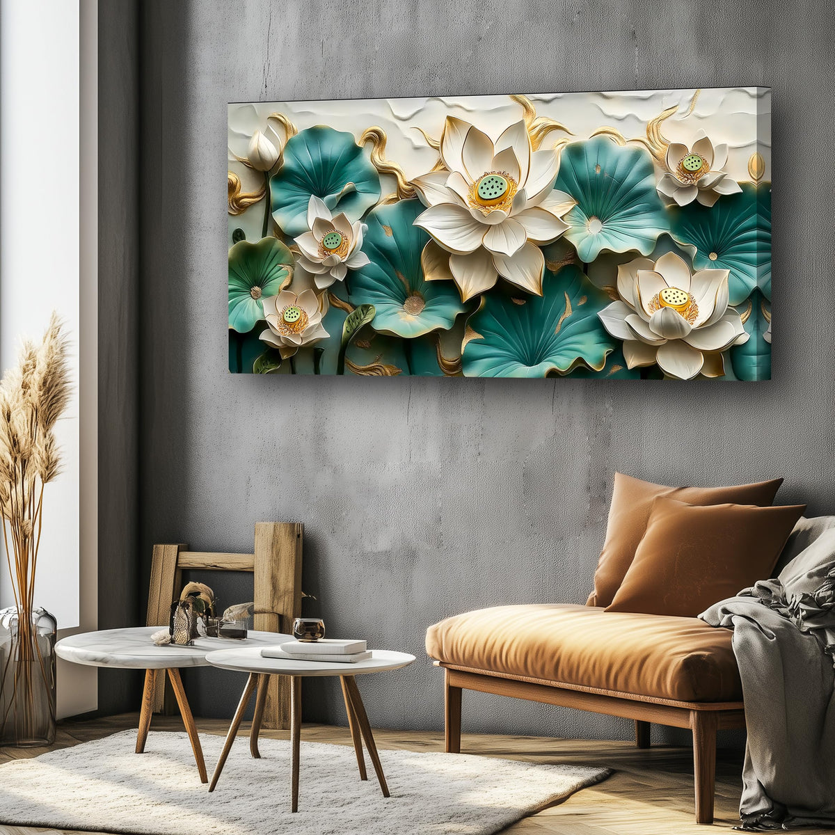 Flower Landscape Pictures Canvas Wall Art for Living Room Bedroom Wall Decor Green and White Modern Painting Nature Themed Home Decor Artwork Wooden Inner Frame 20x40 Inches (40"L x 20"W / Green and white lotus flower)