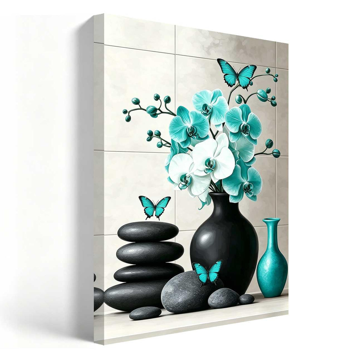 Orchid Flower Canvas Wall Art Zen Bathroom Pictures Prints Spa Stone Butterfly Wall Decor Black White Yoga Meditation Paintings for Living Room Bedroom (Teal / 42"L x 28"W)