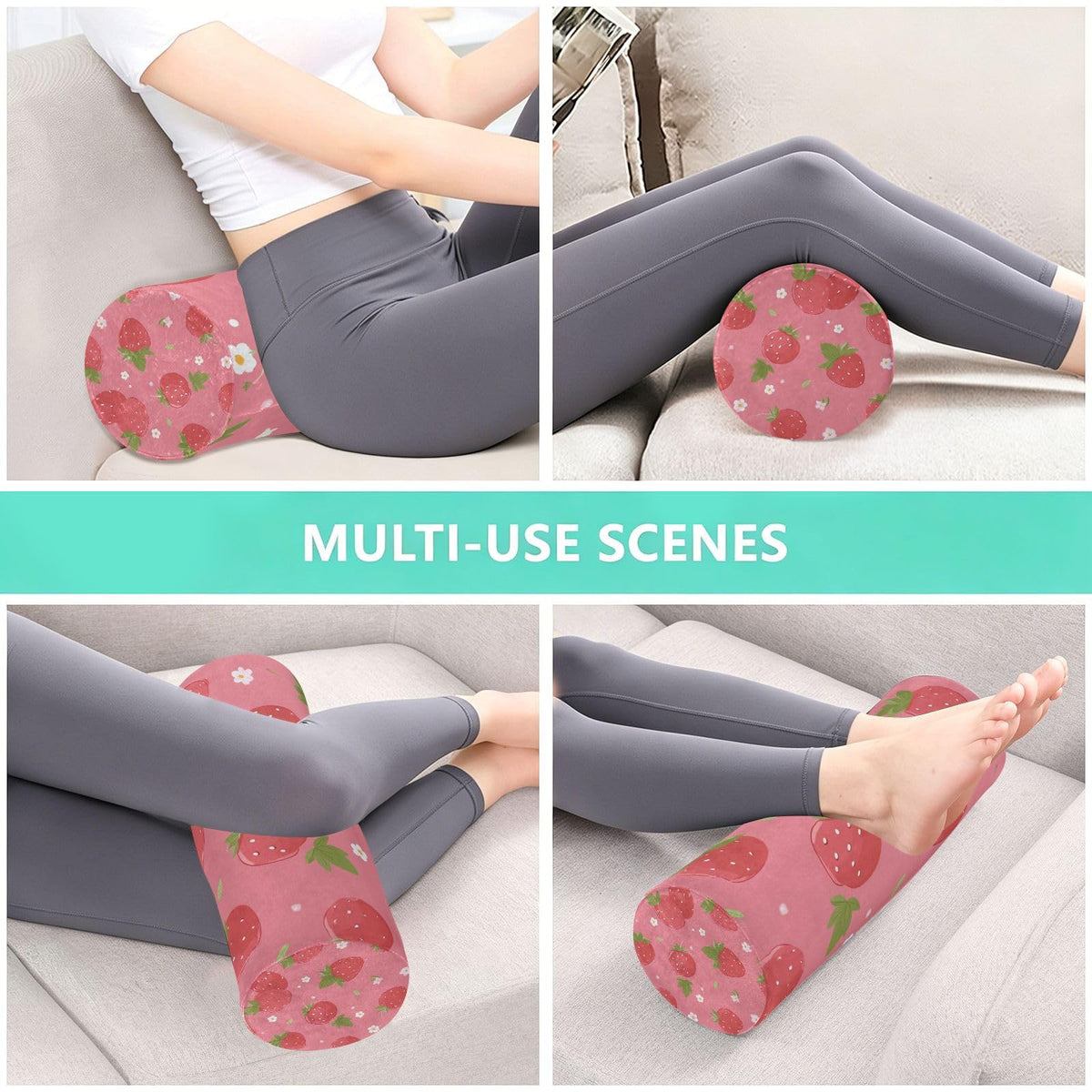 Neck Roll Pillow Bolster Pillows Round Health Memory Foam Long Cervical Cylinder Body Removable Washable Cover Bed Legs Back Yoga Pink Strawberry (Strawberry 1)