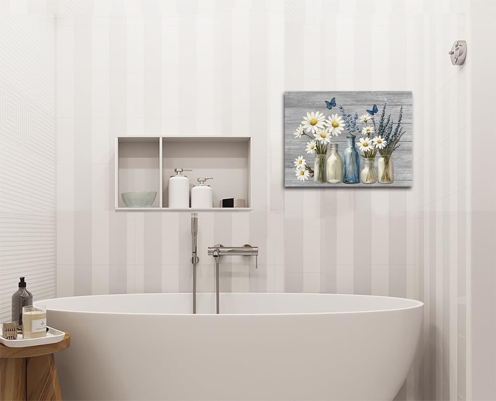 Daisy Canvas Wall Art Rustic Bathroom Decor Blue Butterfly Lavender Prints Flower Picture Farmhouse Framed Artwork 12x16inch (White and Blue / 16"L x 12"W)