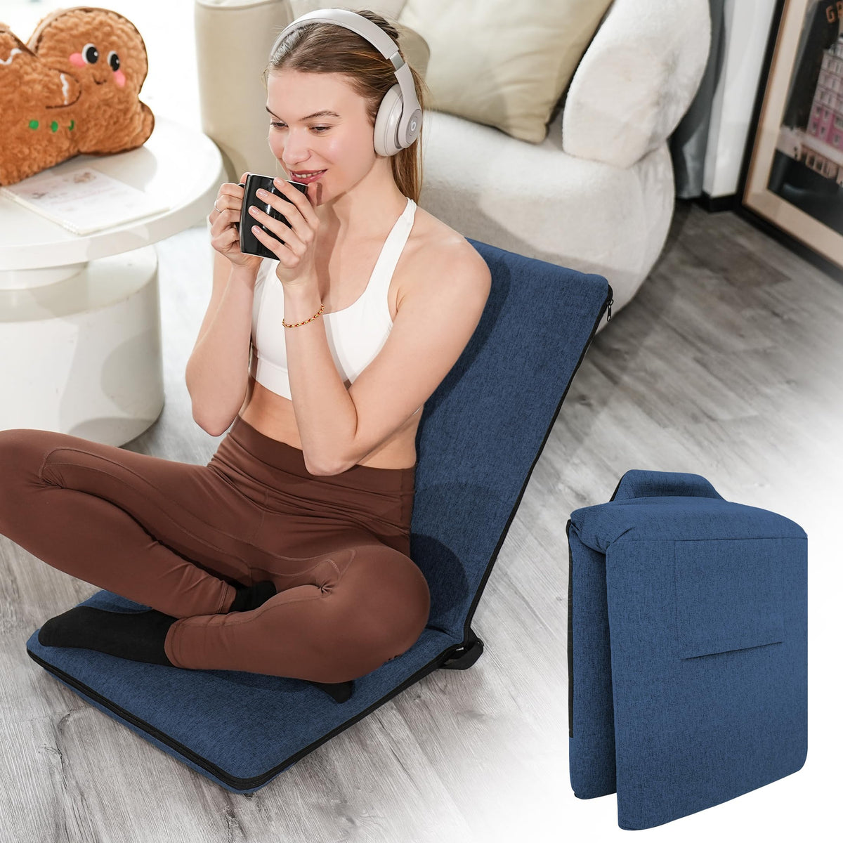 Adjustable Floor Chair with Back Support Foldable Meditation Chair (Dark Blue)