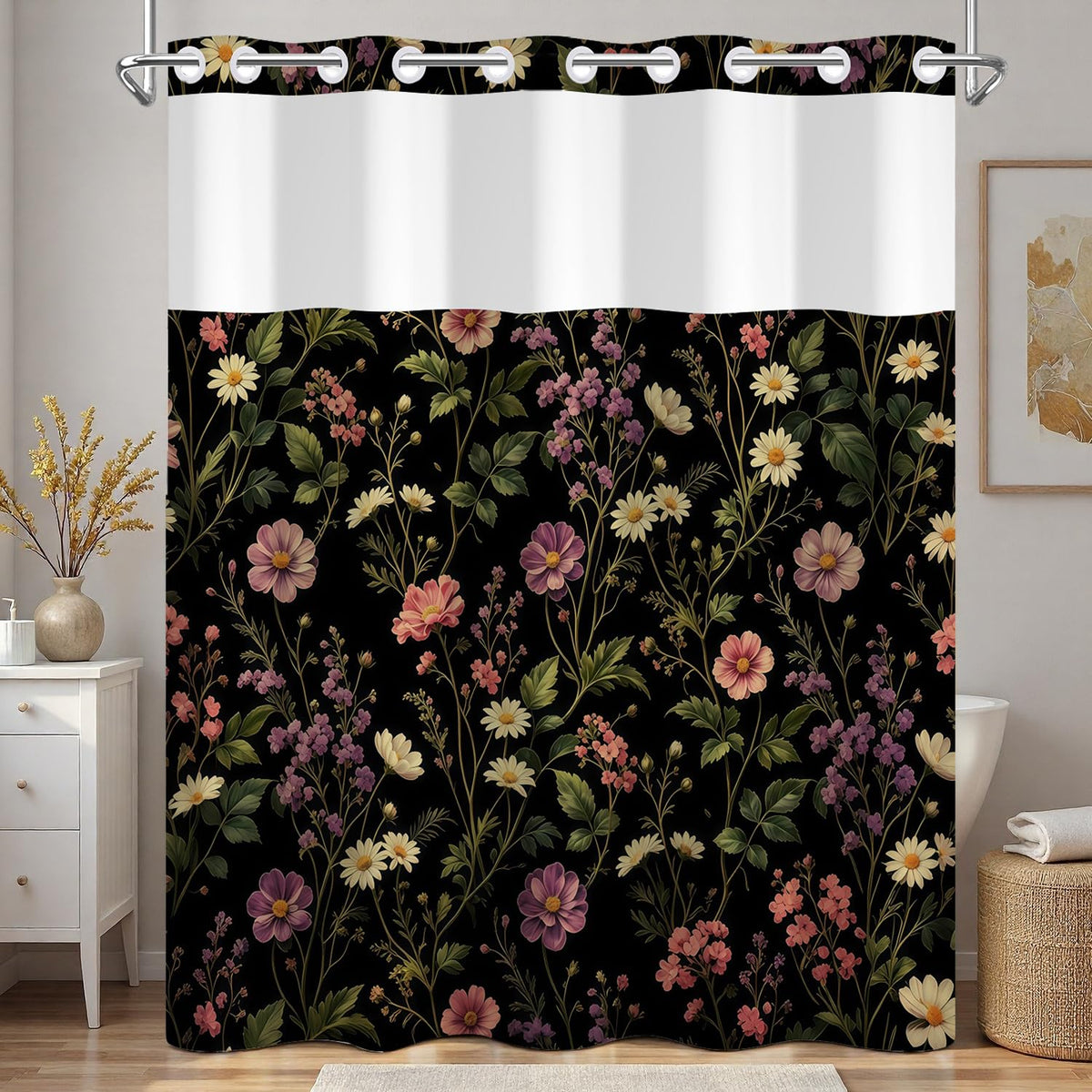 Dark Botanical & Flower Shower Curtain with Snap in Liner Set (Dark Floral-b)