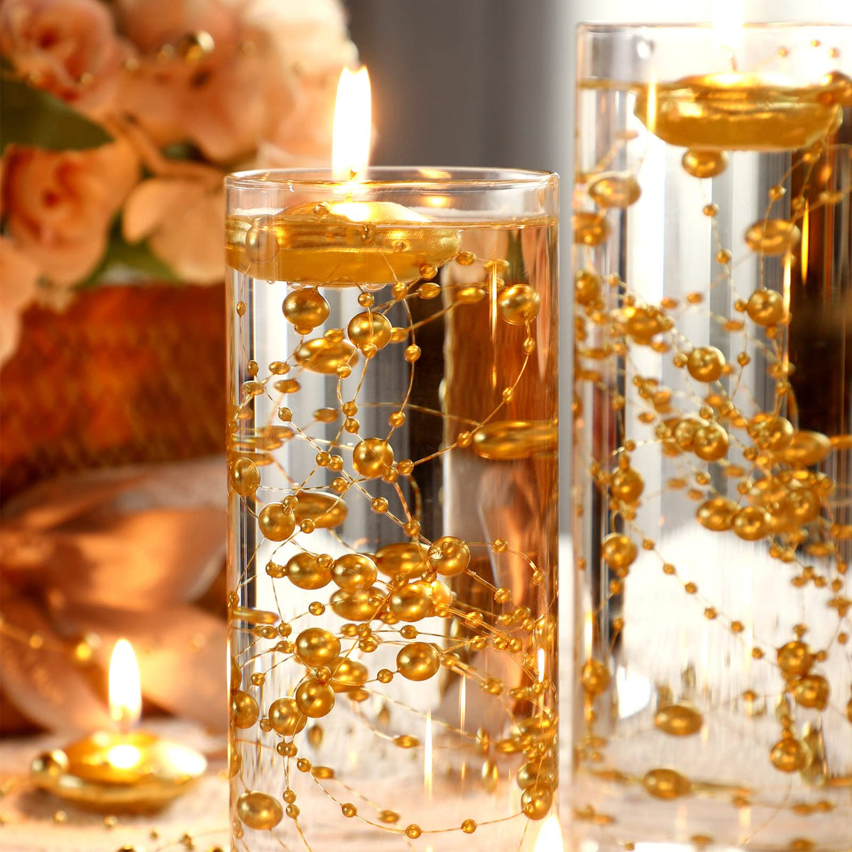 40 Pcs Gold Floating Candles and Pearl String Centerpiece Set (Gold)