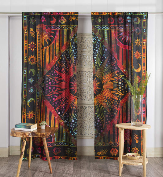 100 Inch Length 2 Panels Set Indian Burning Sun Hippie Mandala Window Curtains (42"W x 100"L (Pack of 2) / Golden Tie Dye)
