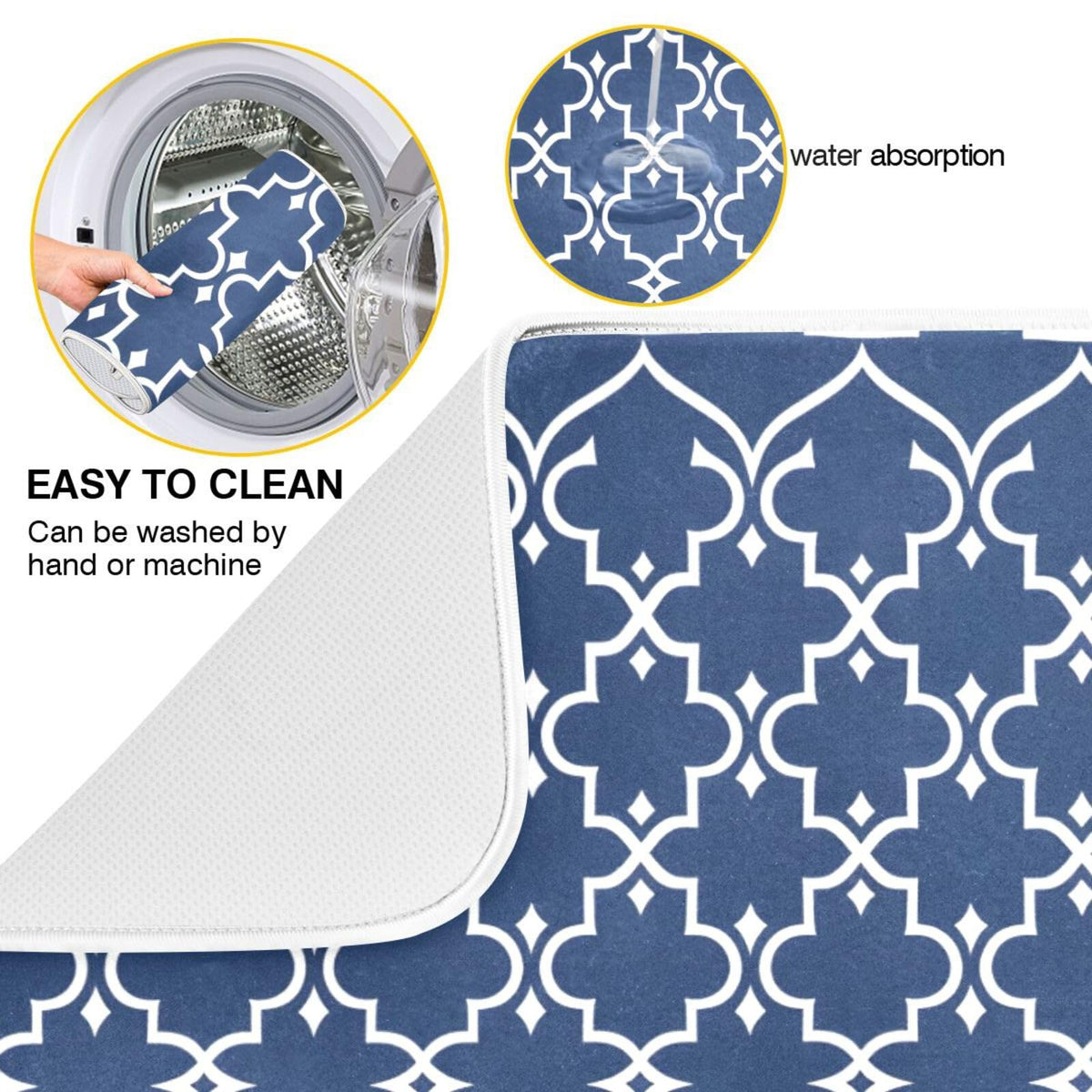 Super Absorbent Dish Drying Mat Microfiber Fast (Navy Blue Moroccan Mandala / 16" x 18")
