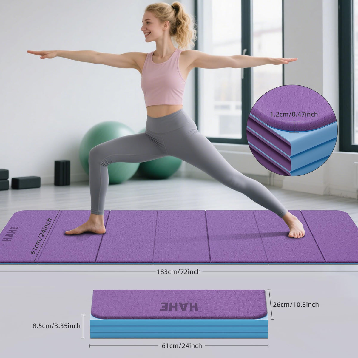 7 Fold Design Extra Thick Yoga Mat 72"L x 24"W x 0.47" (Purple & Sky Blue)