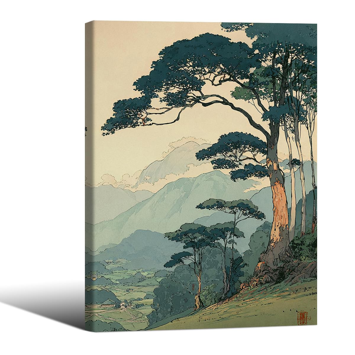 Japanese Forest Framed Wall Art Asian Tranquil Mountain Landscape Posters 16x20 inch Vintage Nature Tree Scene Prints Modern Ukiyo (Wrapped Canvas / Japanese Prints / 20"L x 16"W)