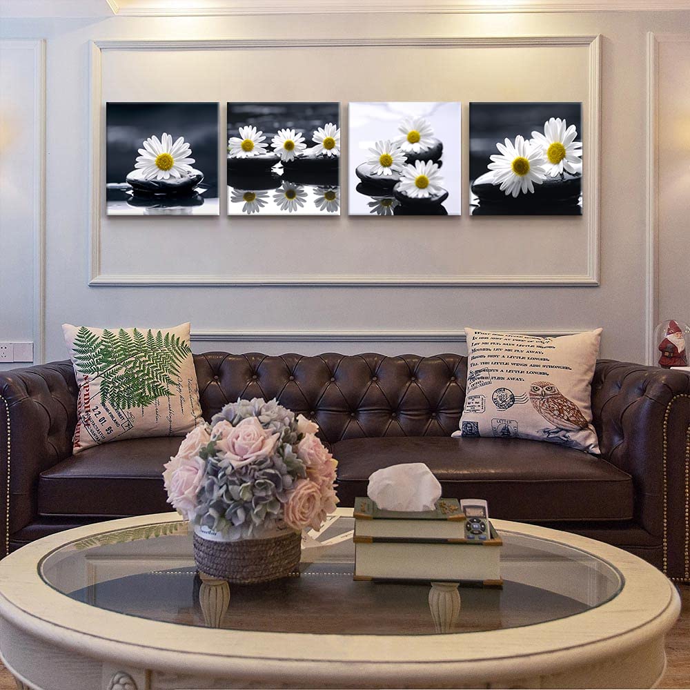 Black and White Wall Art Zen Décor Canvas Print Daisy Poster Painting Flower Stone Picture Meditation Artwork for Bathroom Decoration Dining Wall Art Bedroom Living Room Decor Office Framed (AzeDa5bw / 12"L x 12"W x 4 pcs)