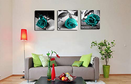 Teal Rose Flowers Canvas Wall Art 12x12 Set of 3 Framed Bathroom Decor (12 inch x 12 inch x 3 panels / Teal Rose Flowers)