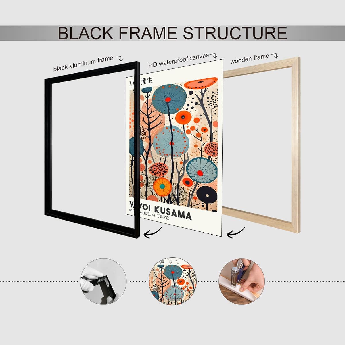 Yayoi. Kusama Black Framed Canvas Wall Art Vintage Japanese Painting Posters Tokyo Aesthetic Prints Infinity Dots Picture Modern Ukiyo (Black Framed / Japanese Art 009 / 30"L x 20"W)