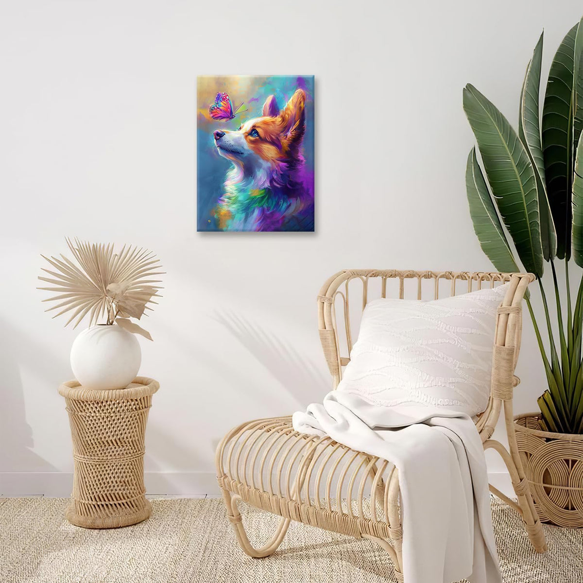 Colorful Corgi Canvas Wall Art Butterfly Painting Framed ArtWork 16"x24" (Colorful Corgi / 24"L x 16"W)