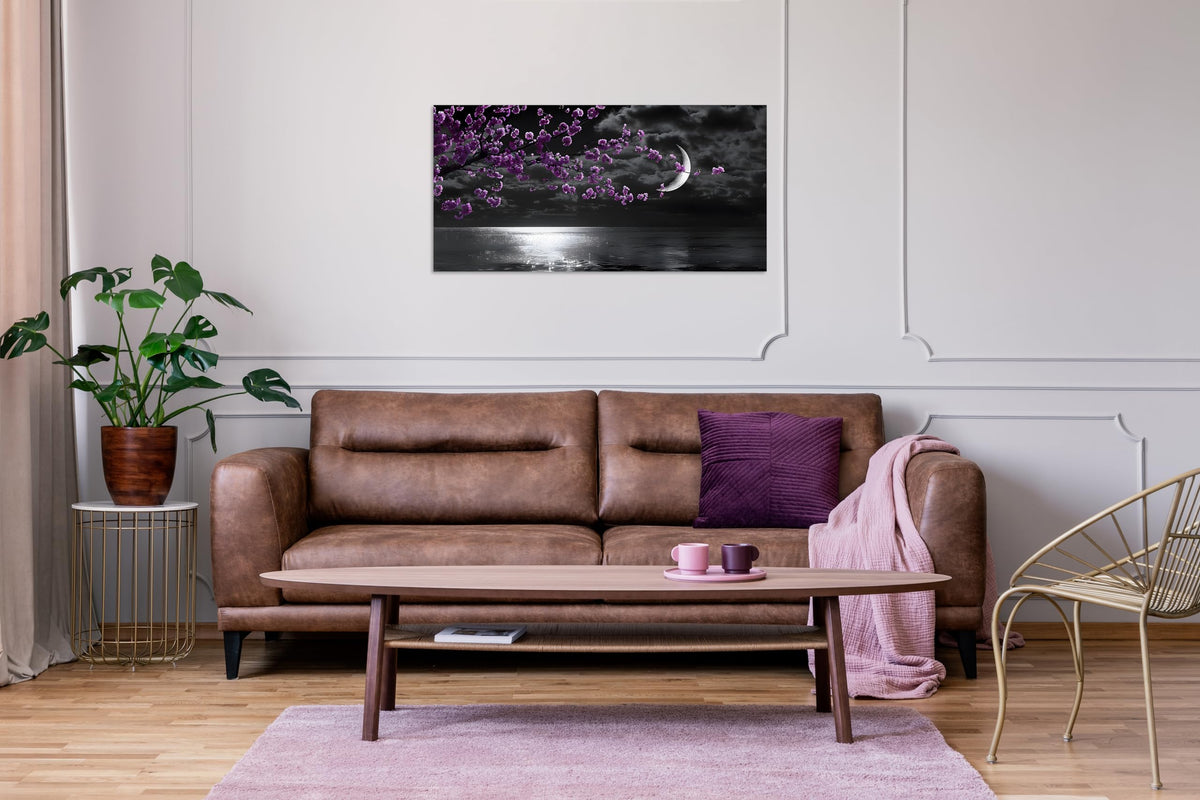 1 Panel Purple Picture for Bedroom Purple Bedroom Pictures Wall Decor Black and White Seascape Full Moon Purple Flower Print on Canvas for Home Decor Stretched and Framed 8x16 inch (16"L x 8"W / Purple Flower 9)